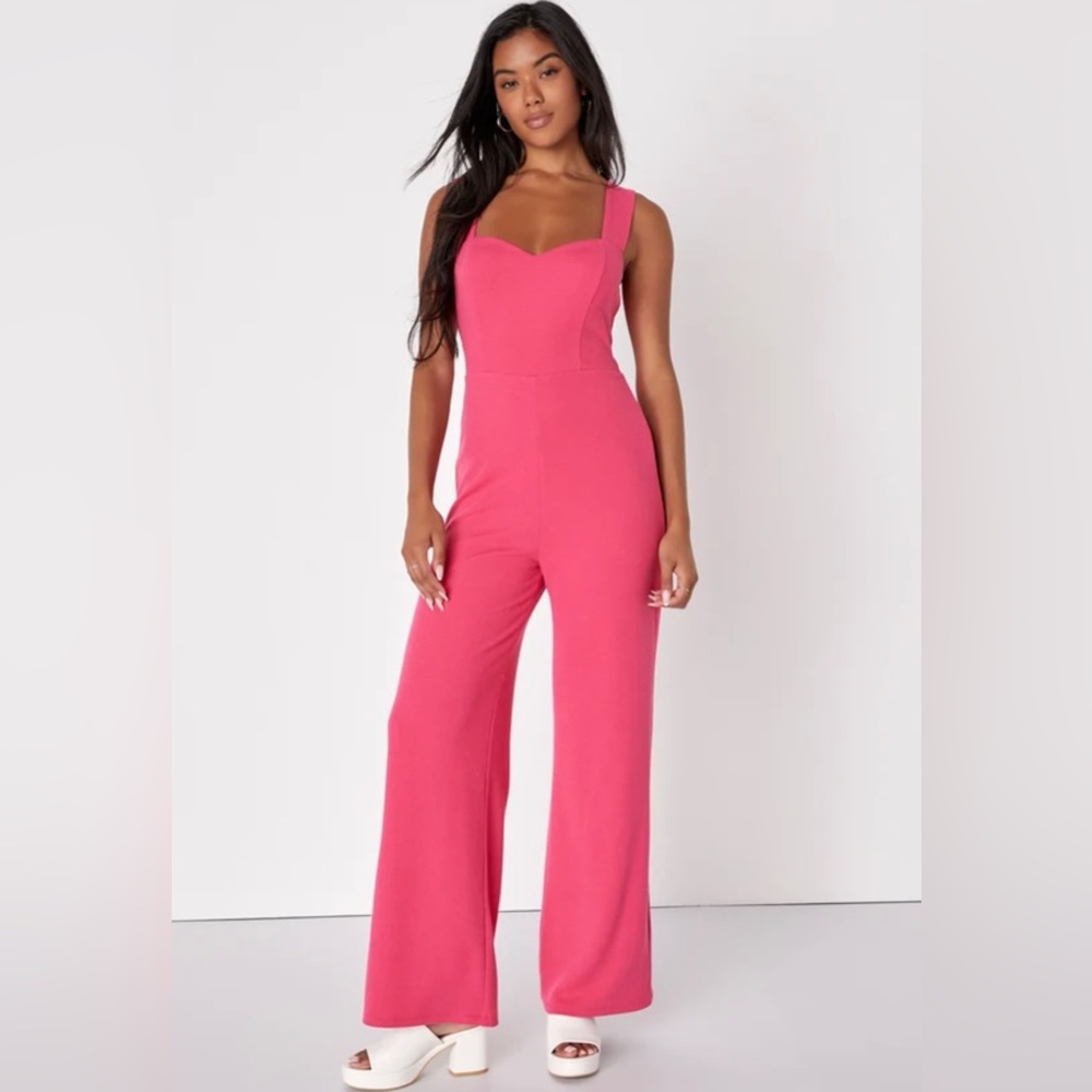 Lulus Hot Pink Ribbed Knit Wide-Leg Jumpsuit